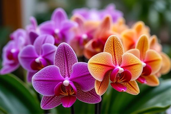 A stunning collection of rare tropical orchids in vibrant colors.